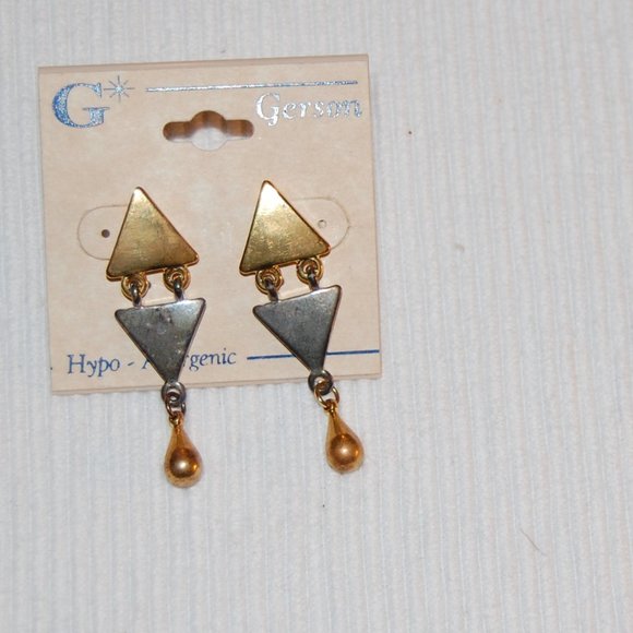 Gerson Hypo Allergenic Gold /Silver Tone Triangle Post Earrings 2' Long - Picture 2 of 6